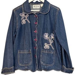 🌟🌟VINTAGE🌟🌟 Embroidered Floral Denim Jacket With Scalloped Hem Keren Hart